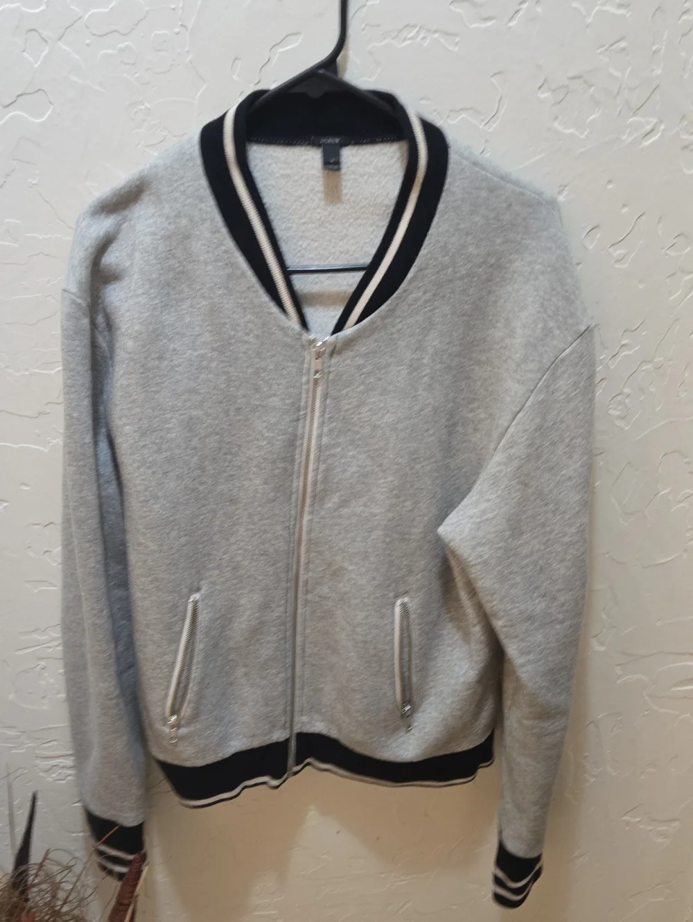 J. Crew Light Gray Zip-Up Bomber Sweater with Black Trim